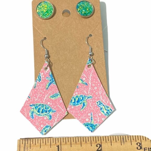 Sea Turtle Pink Drop Earrings‎ Green Druzy Stud Set - Picture 3 of 4